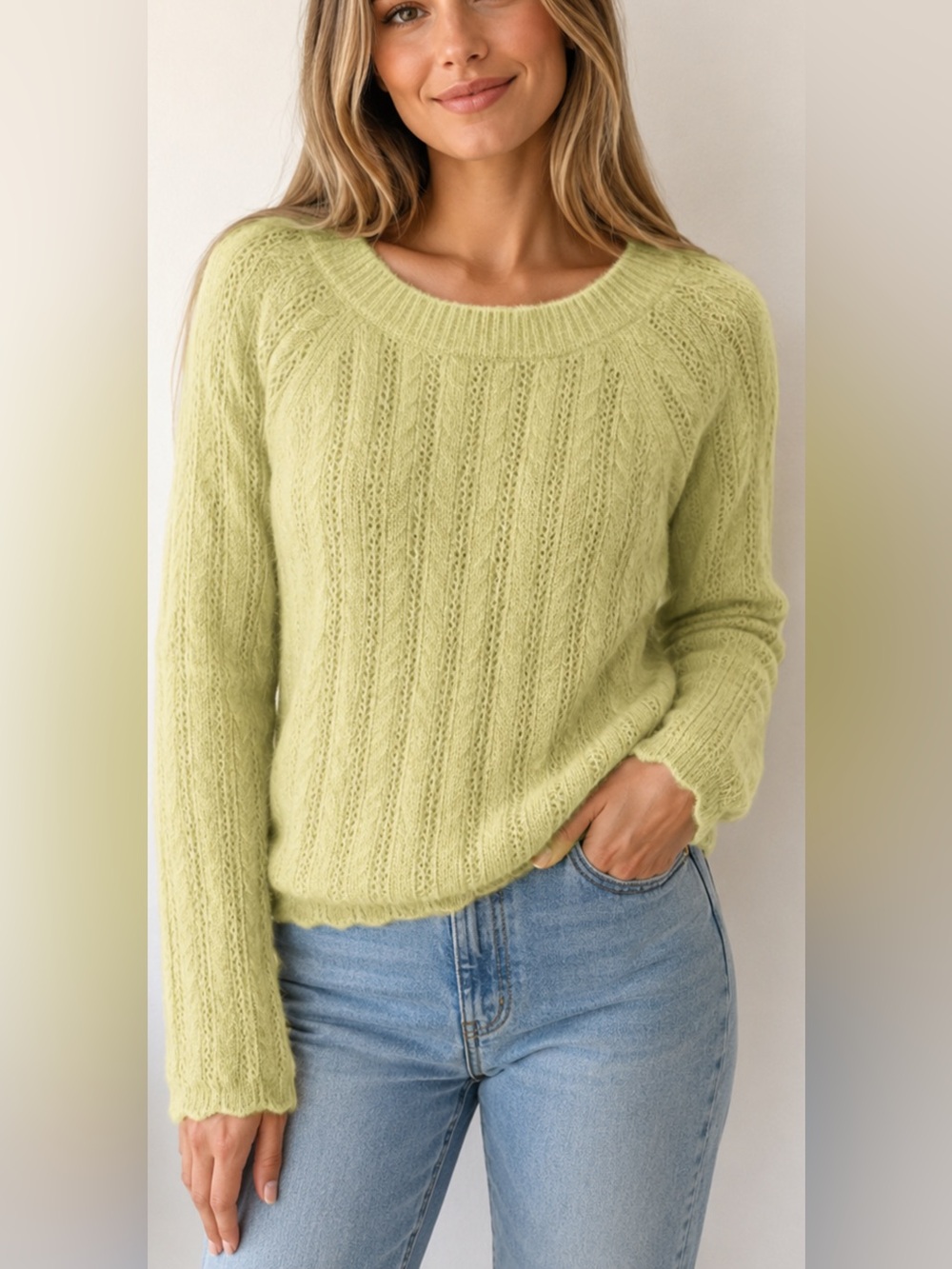 Hillard & Hanson Women’s L Angora Rabbit Hair Cable Knit Sweater Light Beige Cre